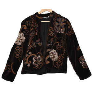 Womens Chicos Brown Tan Cotton Floral Long Sleeve Blazer Suit Coat Jacket Size 1